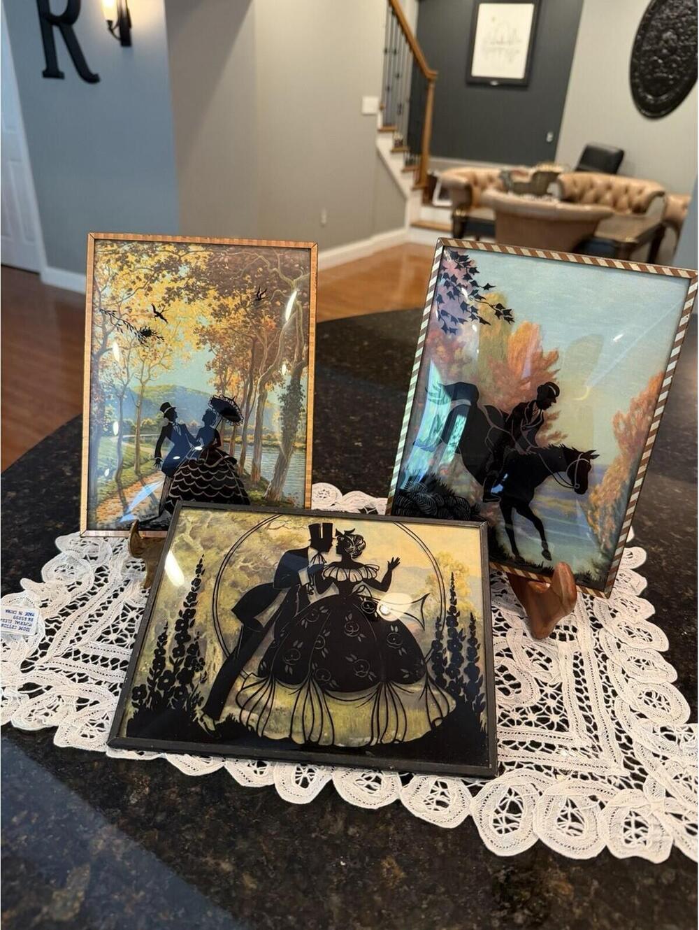 Antique Set Of 3 Silhouette Painted Reverse Convex Bubble Glass Rare Designs